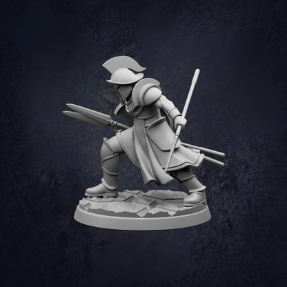 A 3D model of a warrior figure in a fighting stance, holding a spear and sword, against a dark background.