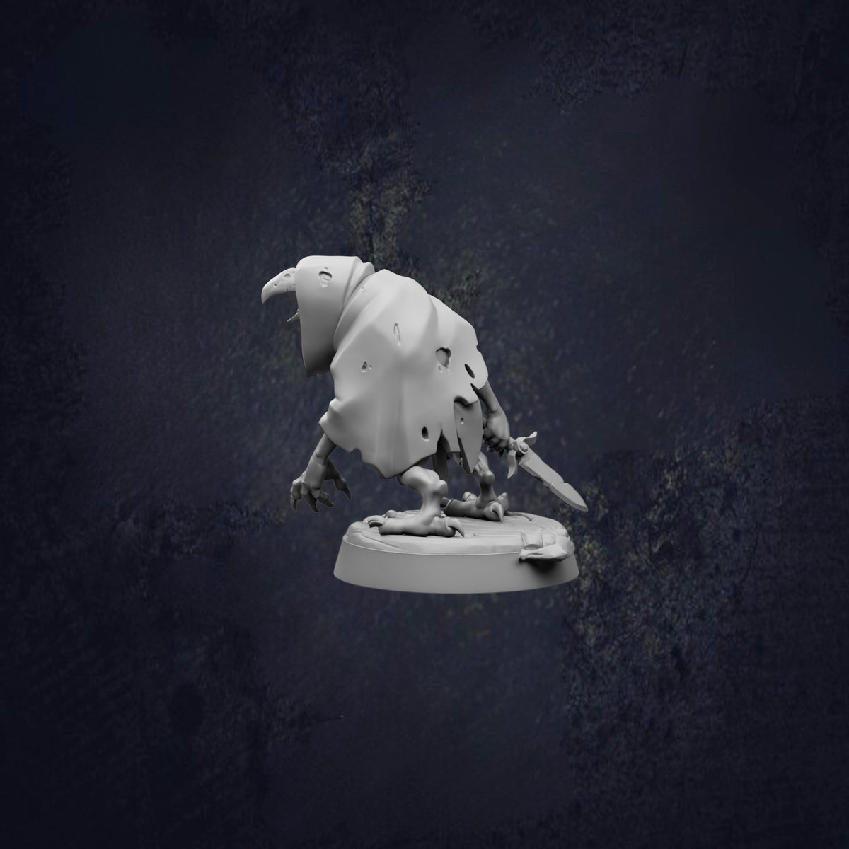 A white, 3D-rendered bird figurine is shown in a dynamic pose, with a sword in its hand, against a dark background.