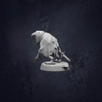 A white, 3D-rendered bird figurine is shown in a dynamic pose, with a sword in its hand, against a dark background.