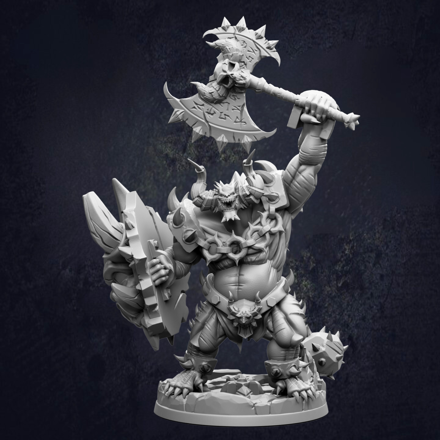 A detailed 3D model of a fantastical creature, possibly a monster or a dragon, with intricate armor and weapons. The creature is standing on a rocky base and appears to be ready for battle or combat.