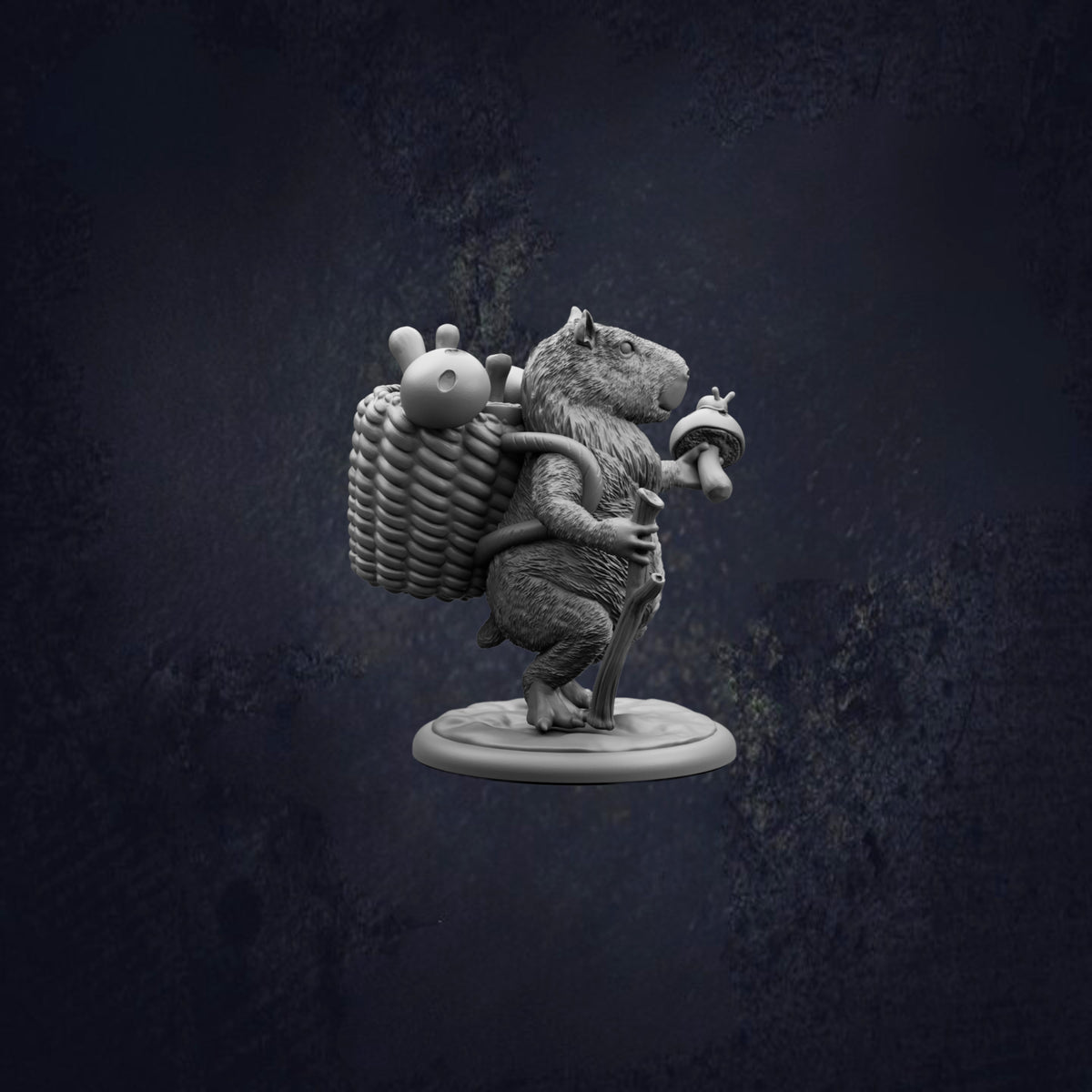 A statue of a mouse carrying a basket and a mushroom on its back, standing on a platform against a dark background.