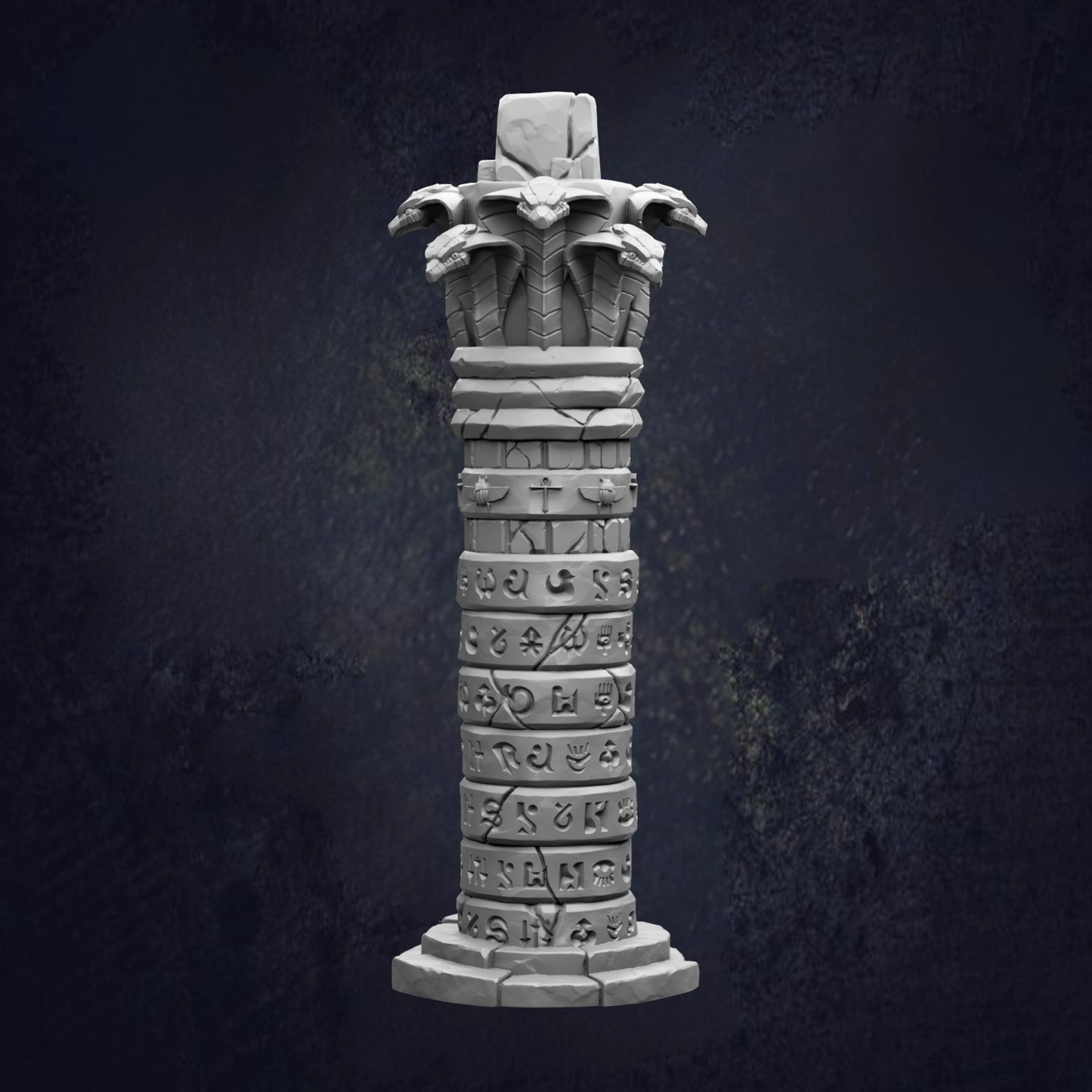 A tall, ornate stone column with a series of carved symbols and figures at the top, set against a dark background.