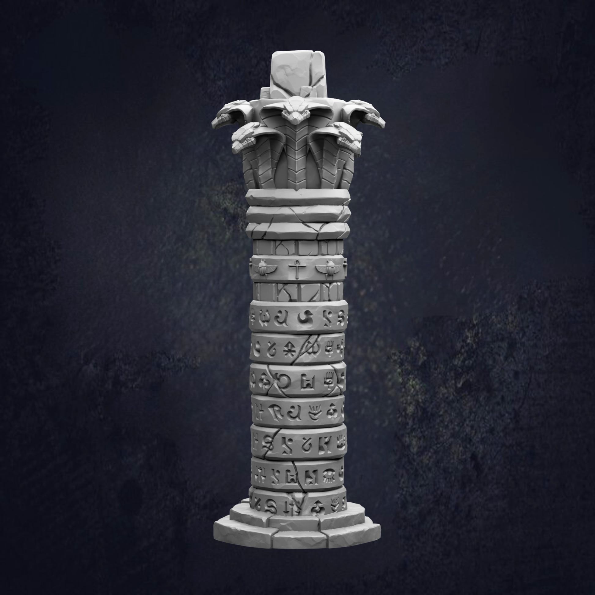 A tall, ornate stone column with a series of carved symbols and figures at the top, set against a dark background.