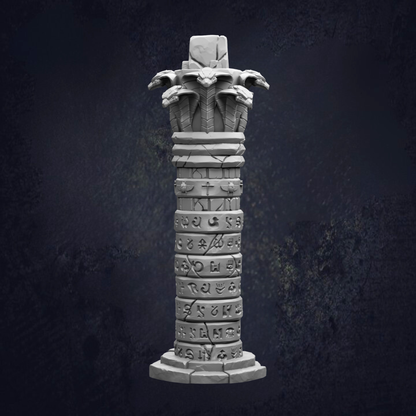 A tall, ornate stone column with a series of carved symbols and figures at the top, set against a dark background.