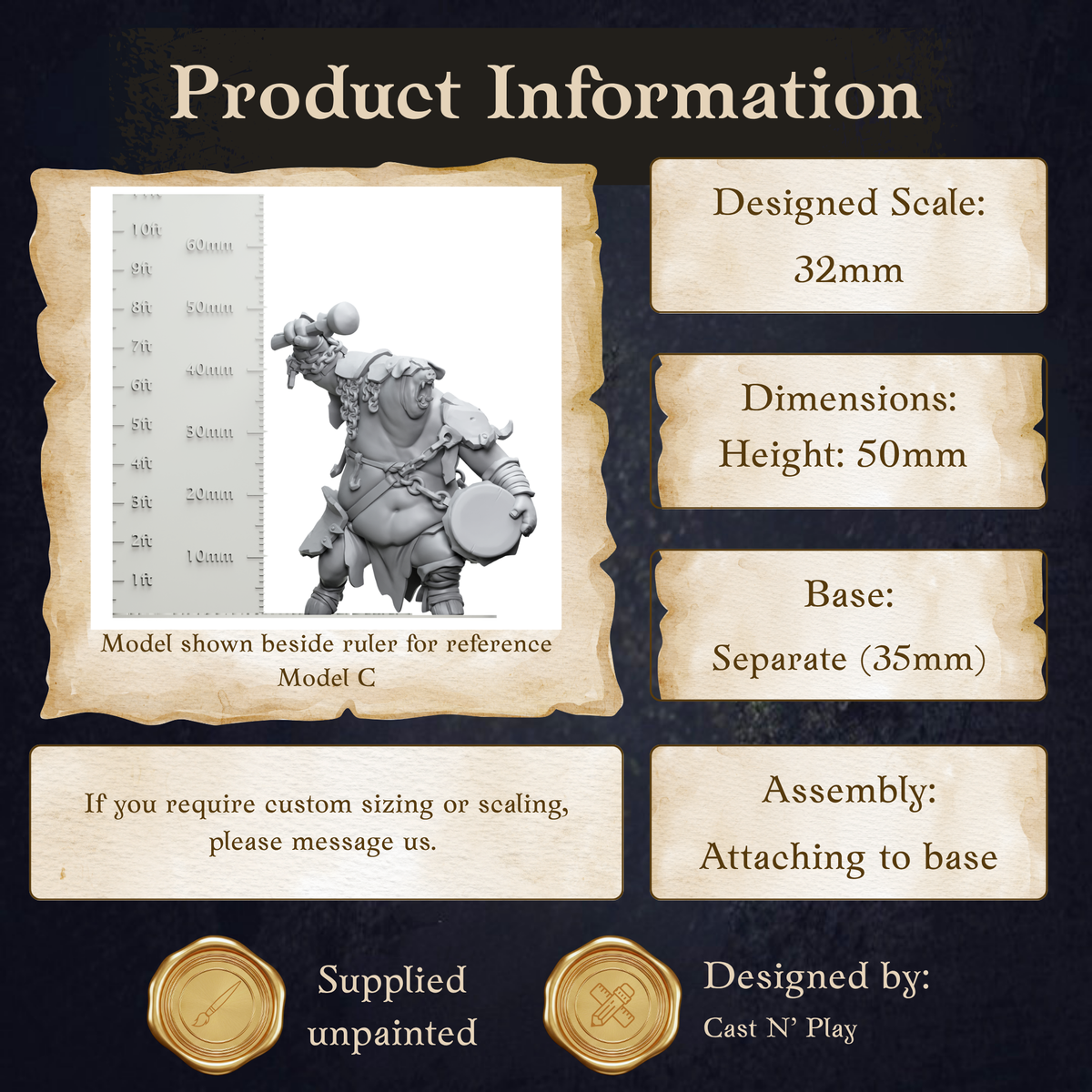 The image is a product information page for a model called "Model C". It provides details about the model, including its dimensions, base, and assembly instructions. The page also includes information about the model's scale and the company responsible for its design.