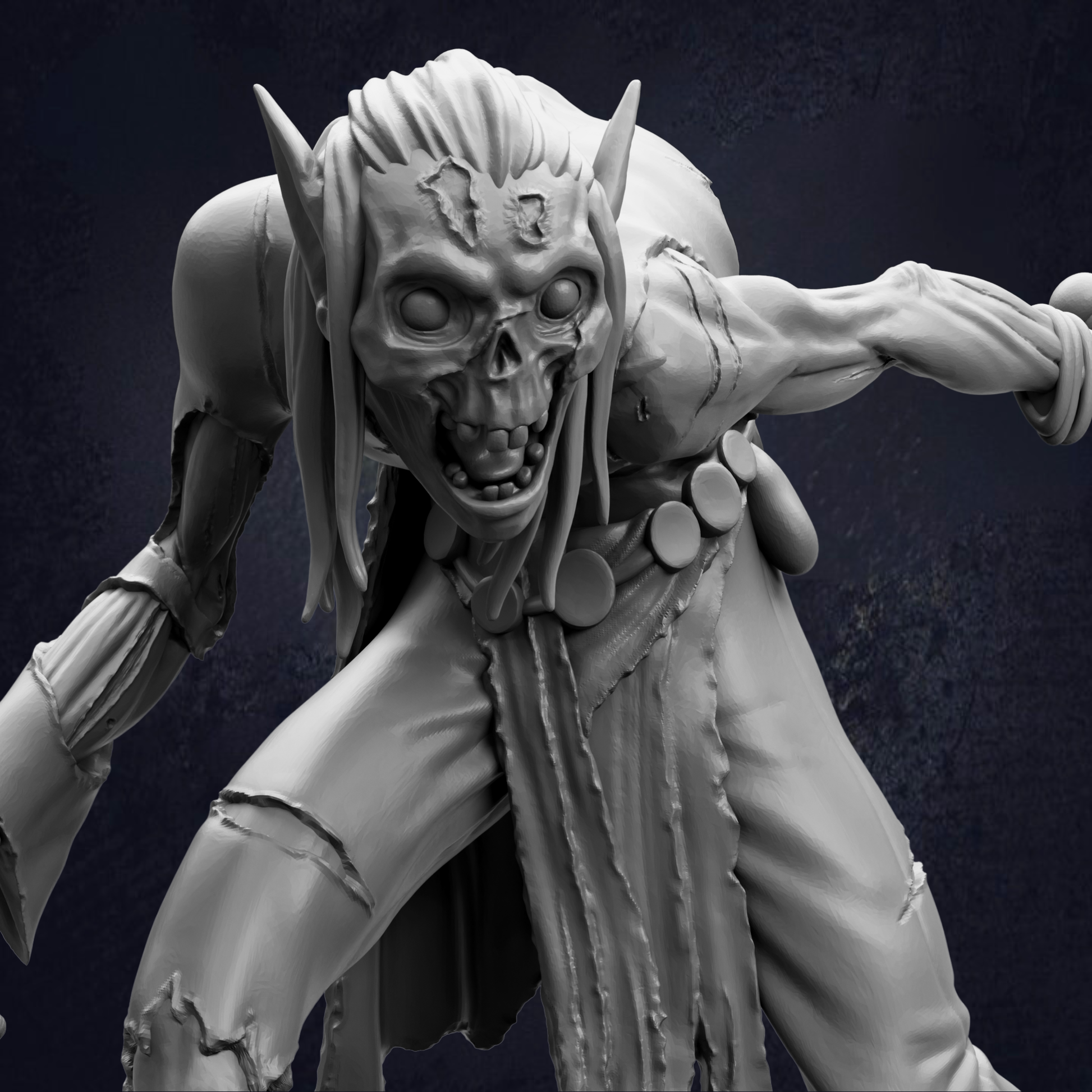 A detailed 3D rendering of a menacing-looking monster with sharp teeth and claws, set against a dark background.