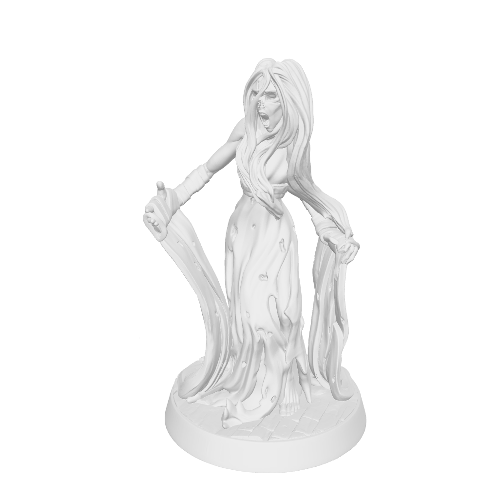 a 3D model of a female ghost. The model is interactive and the user can pan around the model to see the details. The user can also use technology to see the model in "real life" to compare against other products. 